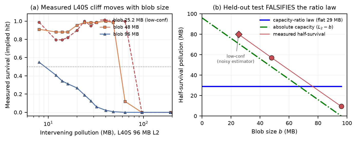 Two panels. Left: measured L40S survival versus intervening pollution for three blob sizes, with the cliff sliding right as the blob shrinks. Right: measured half-survival pollution descends with blob size, away from the flat ratio-law line and along the sloped absolute-capacity line.